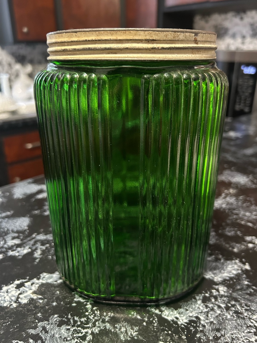 Vintage 1930s Owens-Illinois Forest Green Ribbed Glass Canister Jar